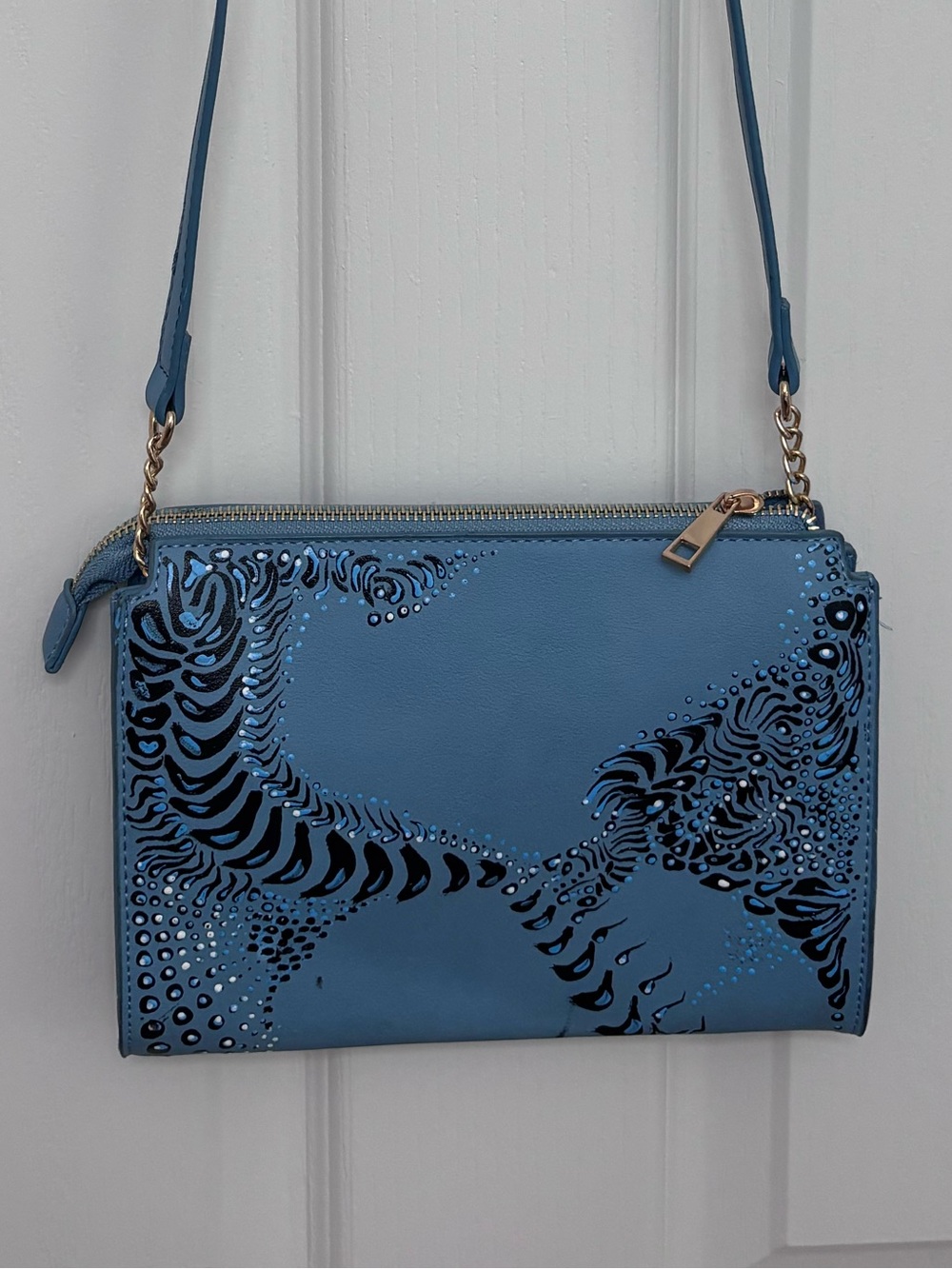 Blue Patterned Crossbody Bag. Hand painted. One of a kind.